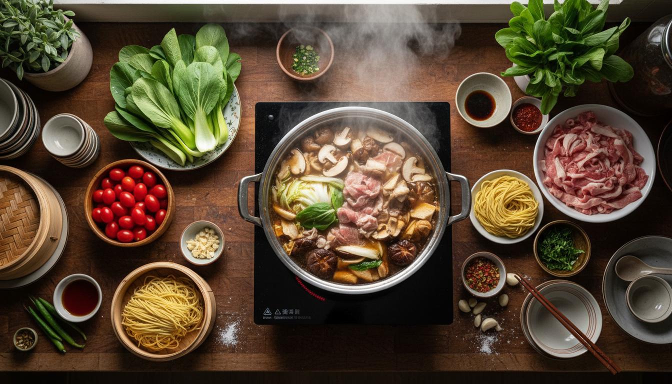 餐桌上擺滿新鮮食材與熱氣騰騰的火鍋