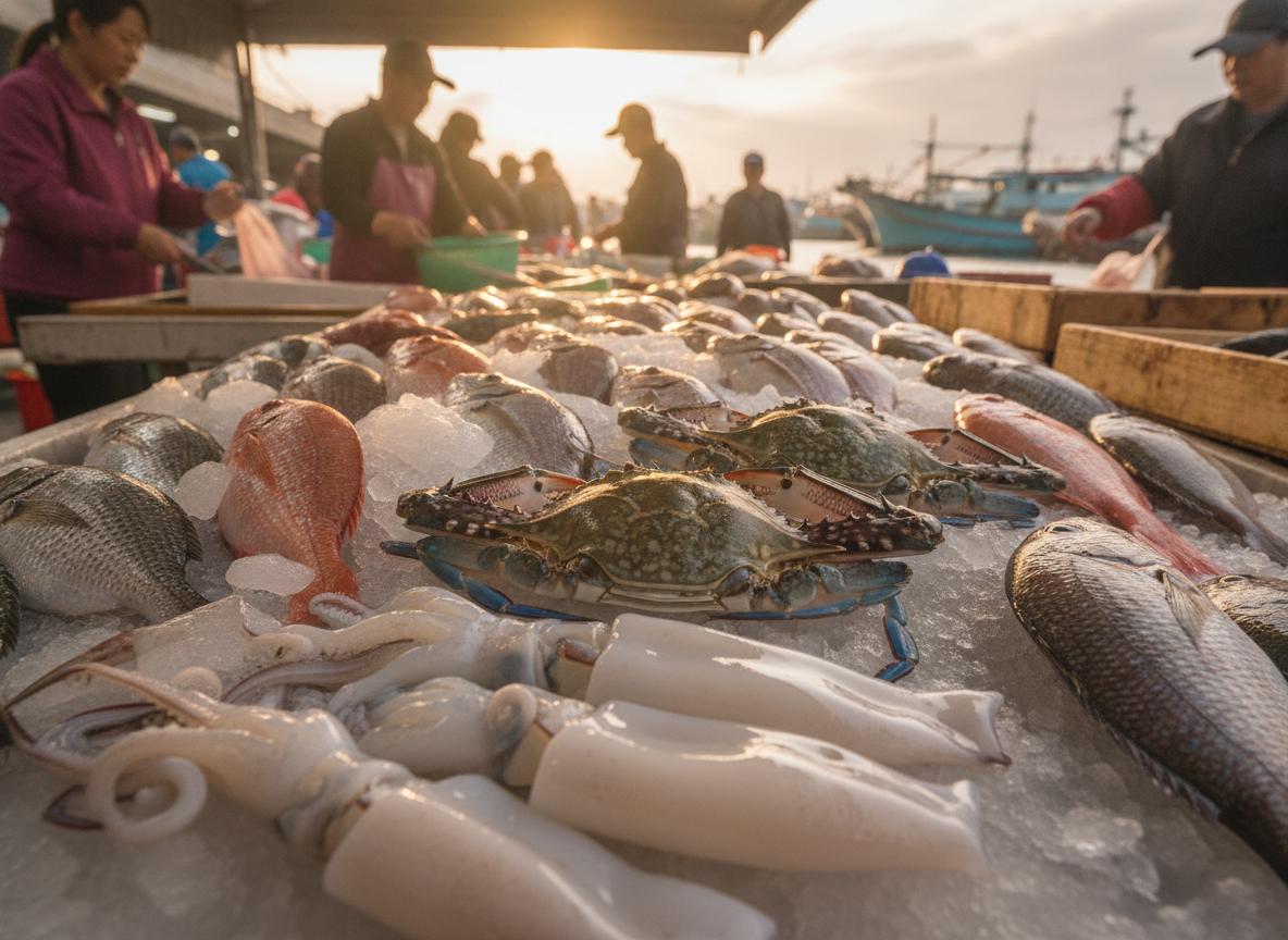 漁港魚攤上鋪在碎冰上的鮮魚、螃蟹與軟絲