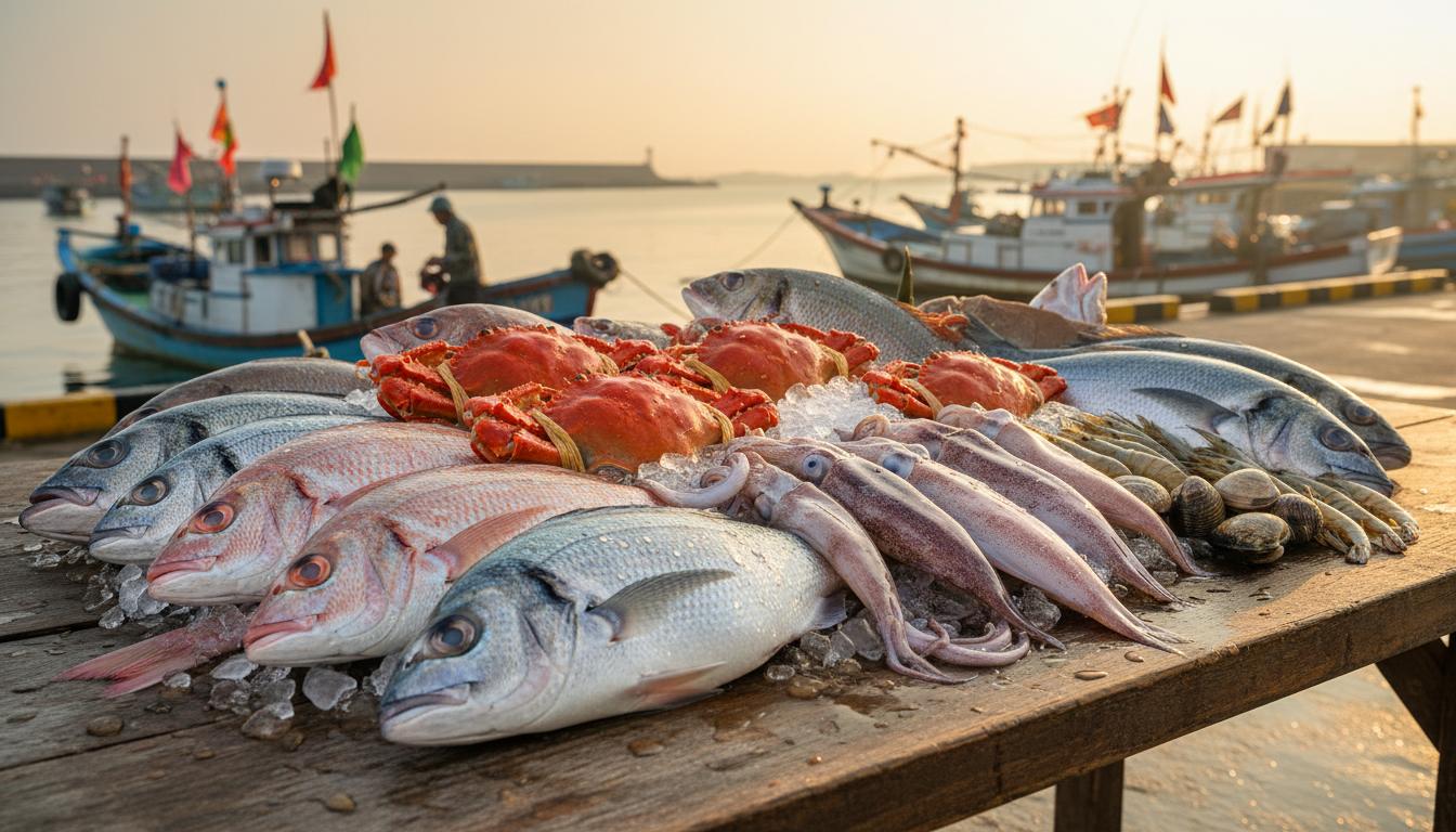 漁港碼頭木桌上剛卸下的鮮魚、螃蟹與軟絲